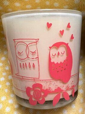 super cute Owl print Candle in glass holder vanilla scent with box - never used